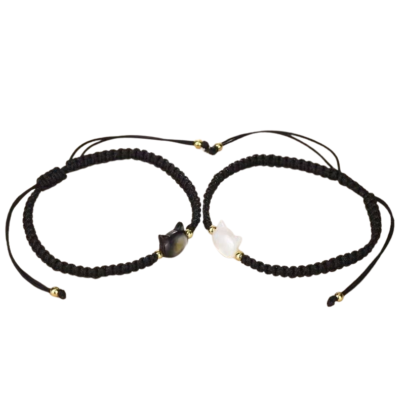 Hand-woven couple's bracelet with a cat-face design