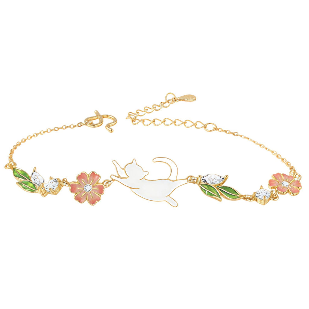 S925 silver bracelet featuring a delicate cat and flower design