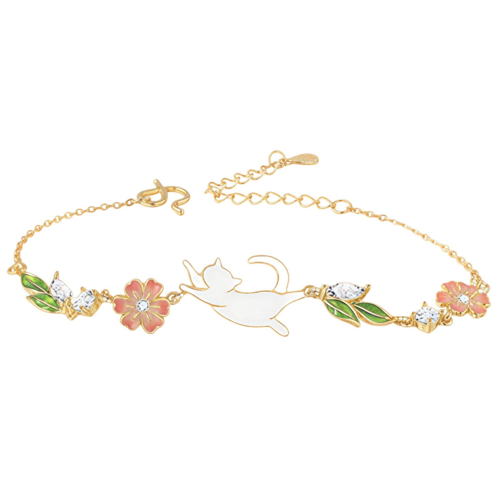 S925 silver bracelet featuring a delicate cat and flower design
