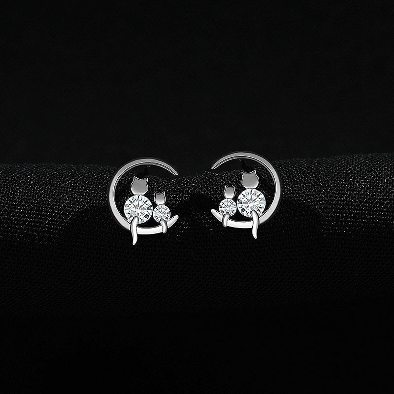 S925 silver moonlit cat earrings with stones