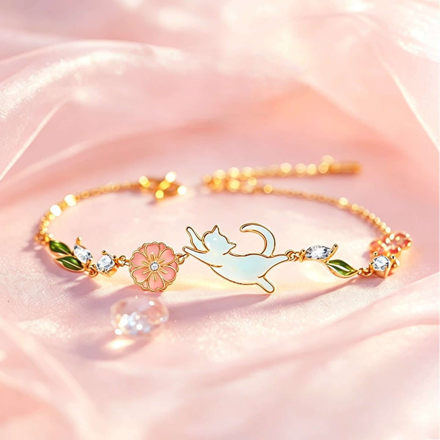 S925 silver bracelet featuring a delicate cat and flower design