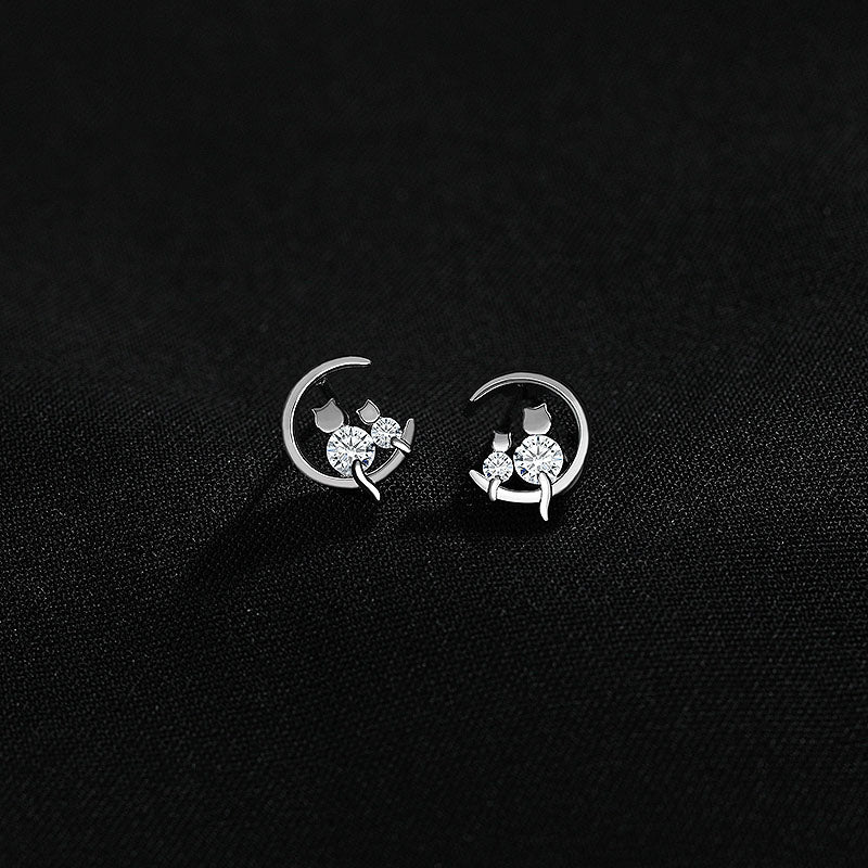 S925 silver moonlit cat earrings with stones