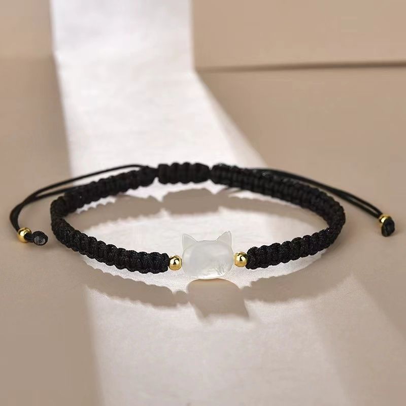 Hand-woven couple's bracelet with a cat-face design