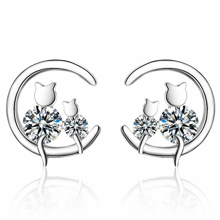 S925 silver moonlit cat earrings with stones
