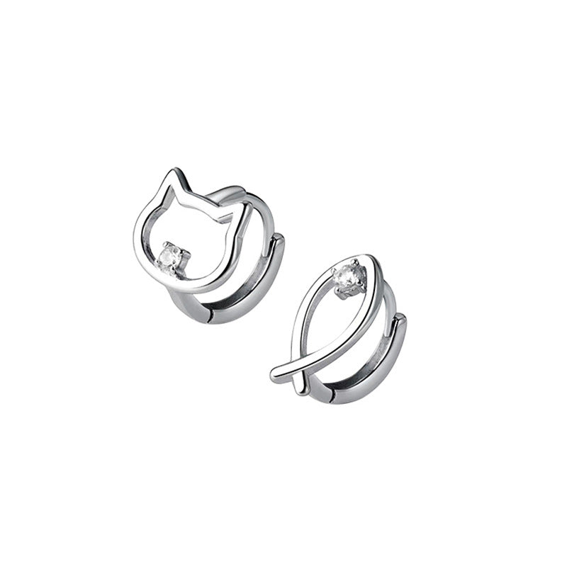 Cute S925 silver earrings featuring a fish and a cat