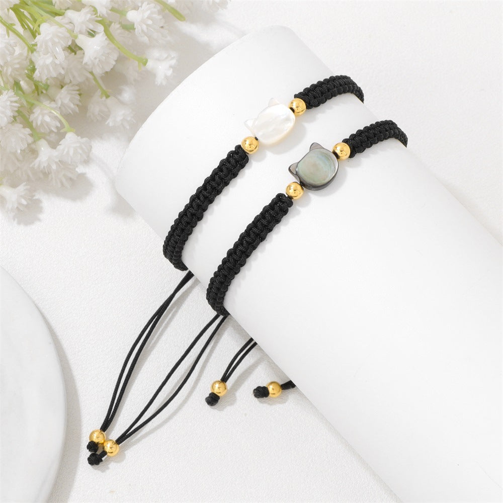 Hand-woven couple's bracelet with a cat-face design