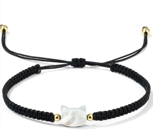 Hand-woven couple's bracelet with a cat-face design