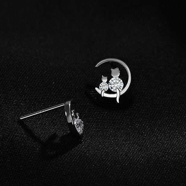 S925 silver moonlit cat earrings with stones