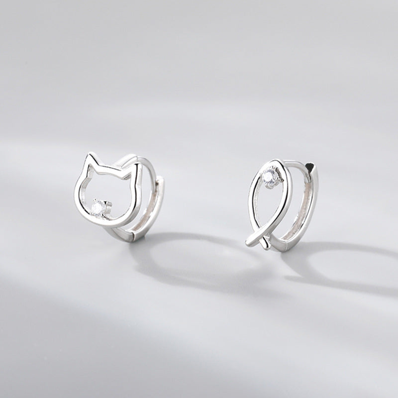 Cute S925 silver earrings featuring a fish and a cat