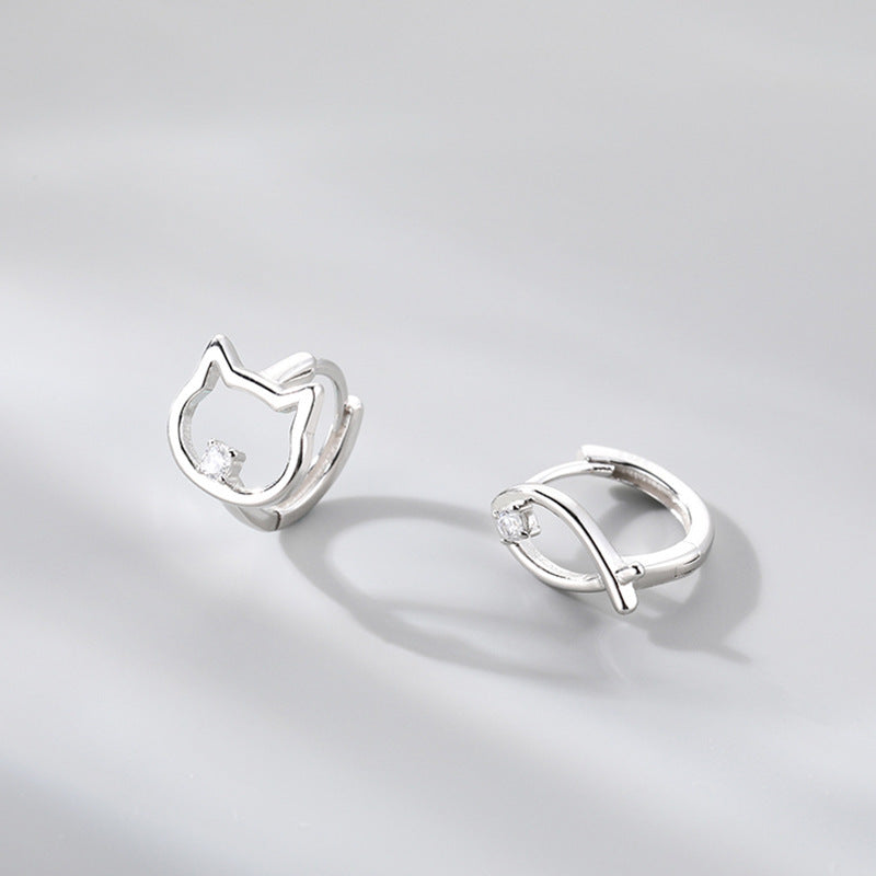 Cute S925 silver earrings featuring a fish and a cat