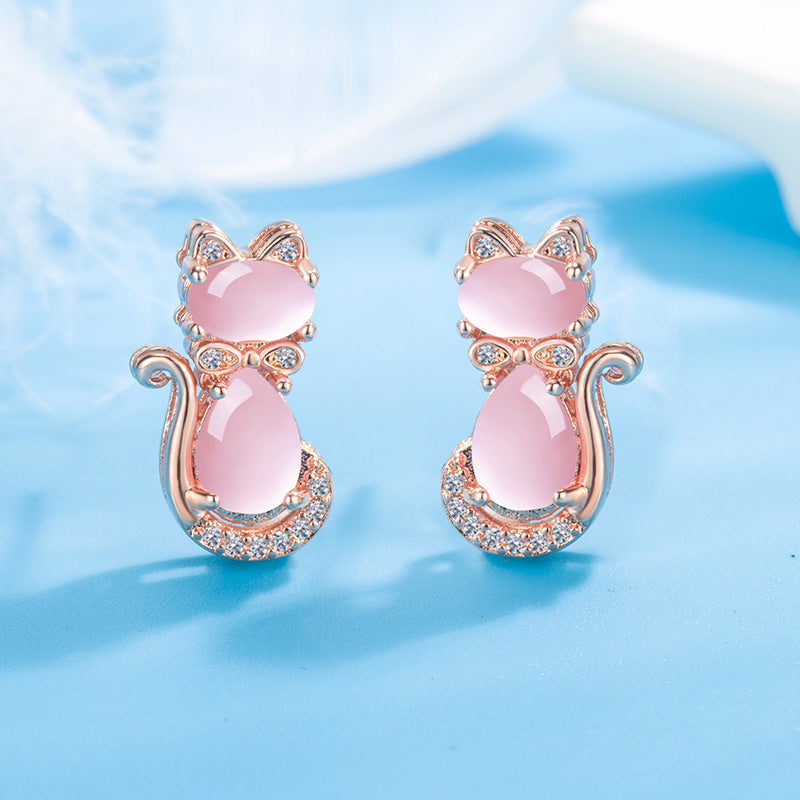 Gold-plated pink stone cat earrings
