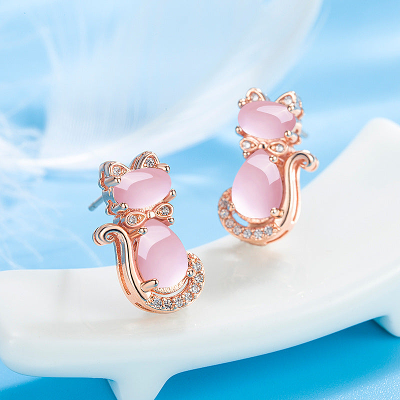 Gold-plated pink stone cat earrings