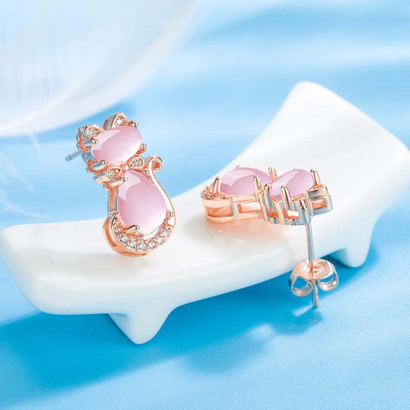 Gold-plated pink stone cat earrings