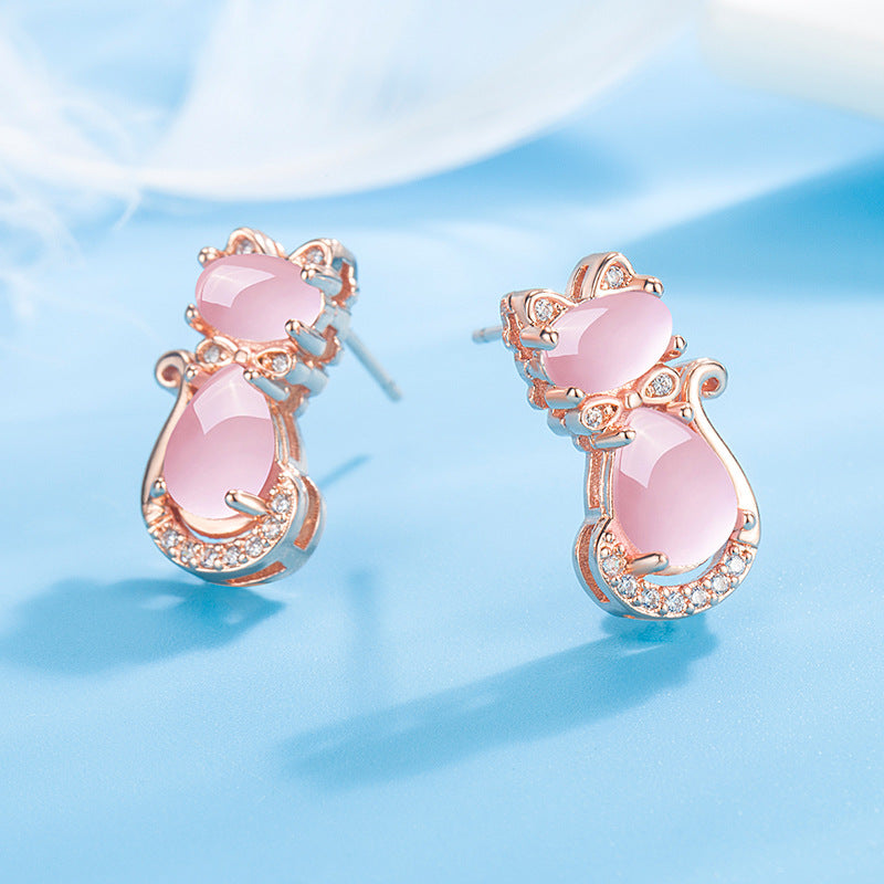Gold-plated pink stone cat earrings