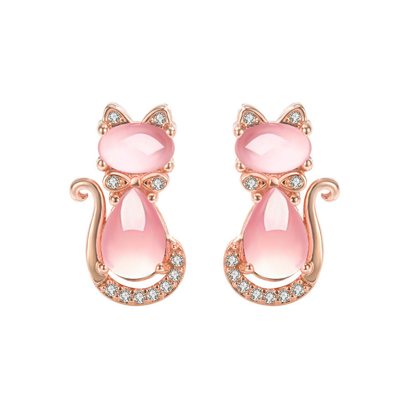 Gold-plated pink stone cat earrings